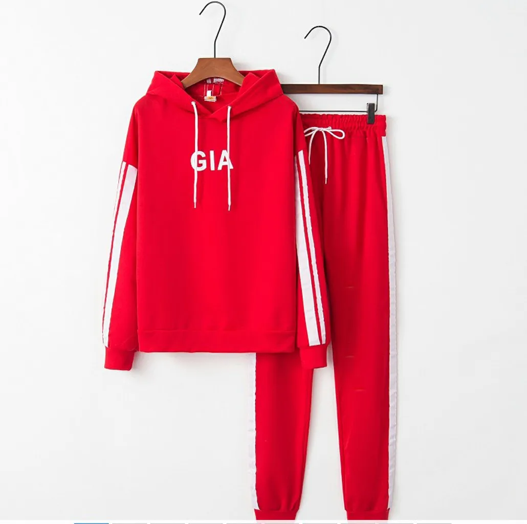 autumn two piece set Women Casual Colorblock Striped Hooded Long Sleeve Crop Tops+long Pants Running Workout Fitness Sports Suit