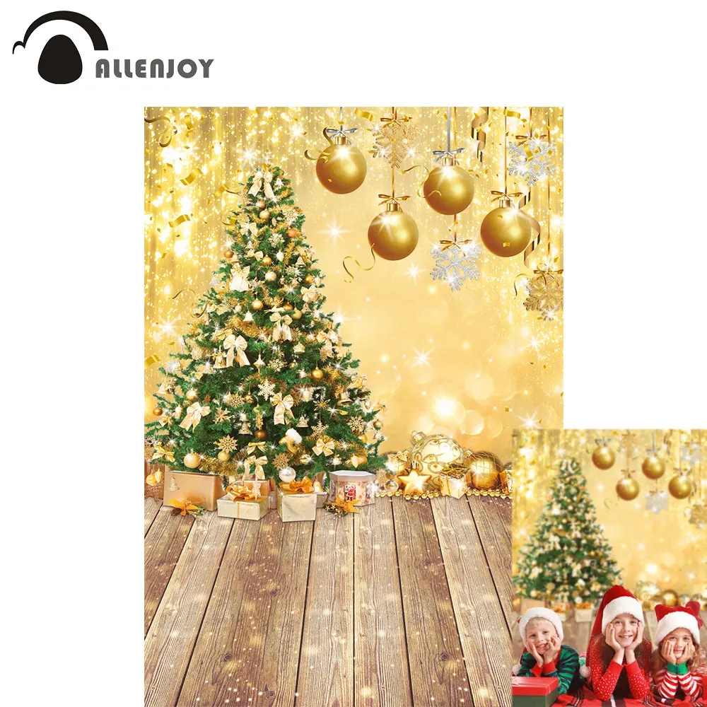 

Allenjoy Gold Christmas Tree Photography Backdrop Xmas Snowflake Winter Holiday Party Supplies Wood Floor Decor Photo Booth Prop