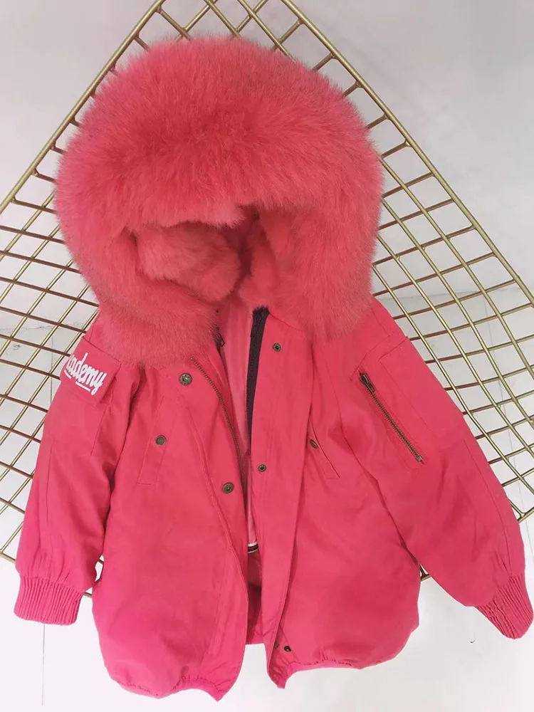 pink watermelon fur Настоящий мех кролика, парки, пальто с капюшоном из лисьего меха, Детская куртка для мальчиков и девочек, ветровка, детская зимняя одежда - Цвет: pink watermelon fur