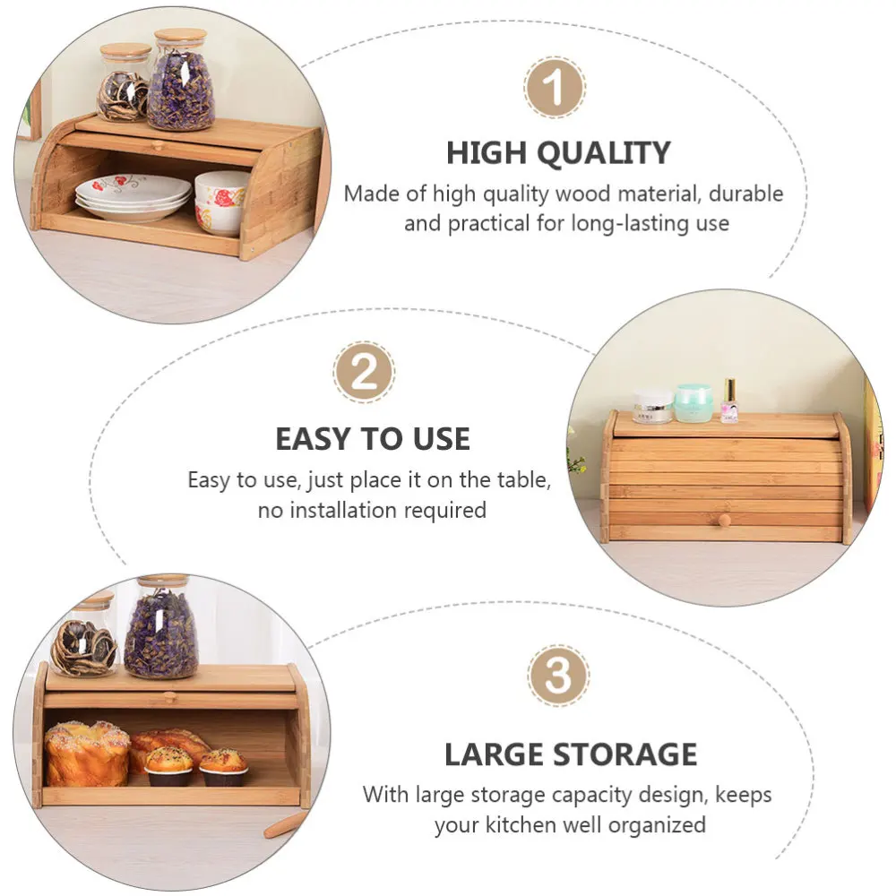 

1Pc Wooden Kitchen Bread Box Household Storage Bin Practical Food Container