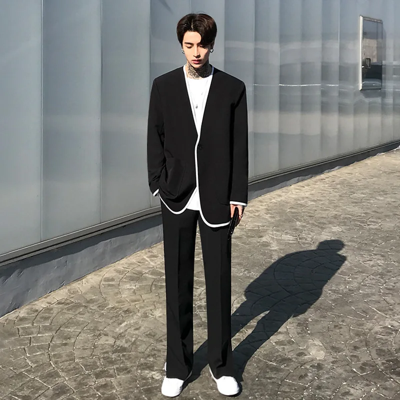 

Korean Style Long Sleeve Lapel Suit Fashion Men Blazers Man Patchwork Pockets Coats Casual Thin One Button Blazer