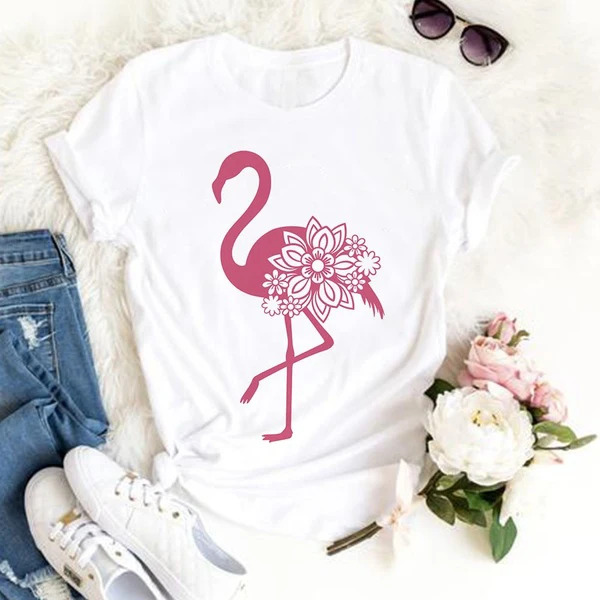 

Bohemian Style Flamingo Printed Roun Neck T-Shirts Cozy Tees Summer Tops cute kawaii graphic women fashion cute tees gift tops