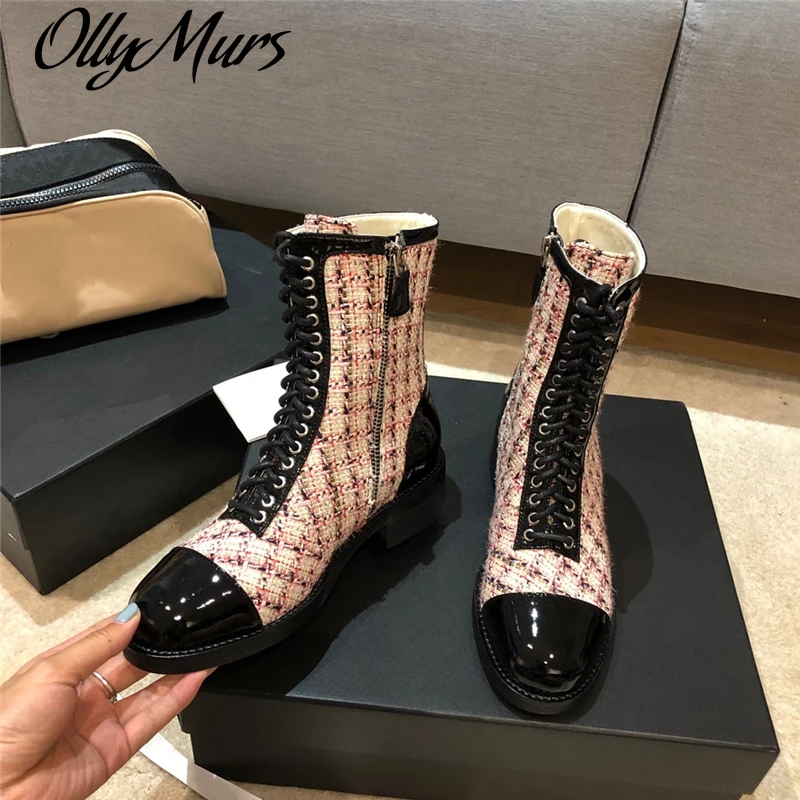 

Ollymurs Woman Ankle Boots Low Heel Luxury Desgner Brand Genuine Leather Fashion Ladies Shoes Round Toe Winter Lace-Up