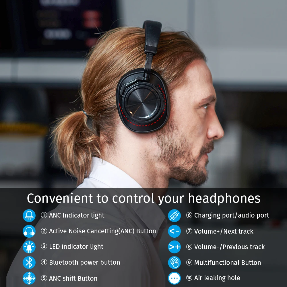 Bluedio Active Noise Cancelling Wireless Bluetooth Headphones T7 Portable Headset with Face Recognition for Phones and Music images - 6