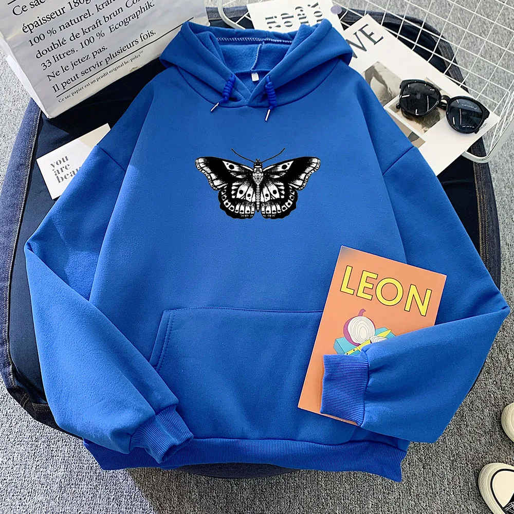 Vintage Winter Sweetshirt Dark Gothic Hoodies Women Punk Butterfly Printing Sweatshirt Women Kangaroo Pocket 90's Clothing Style