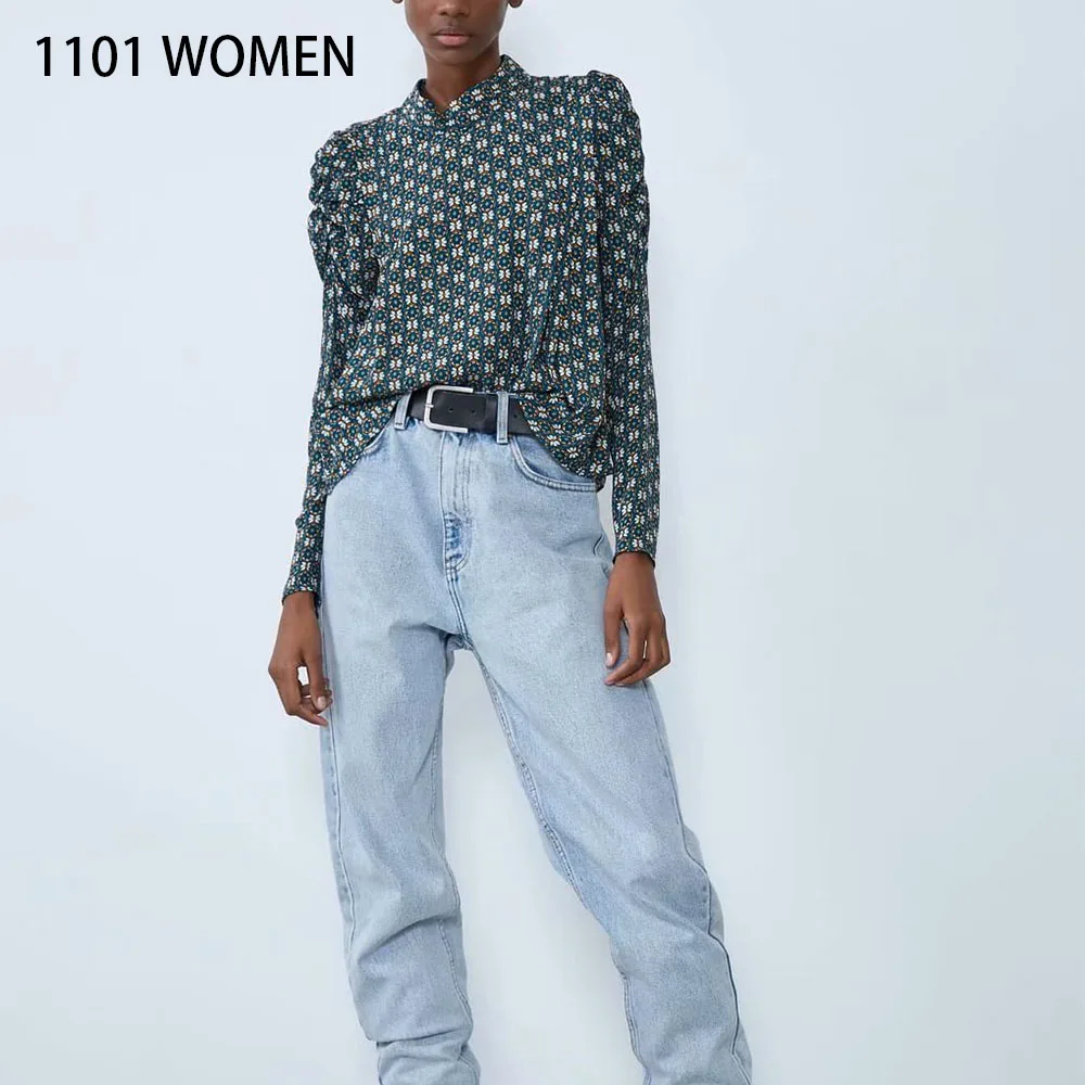 Женская плиссированная рубашка ZA Весенняя цветная с длинным рукавом и круглым