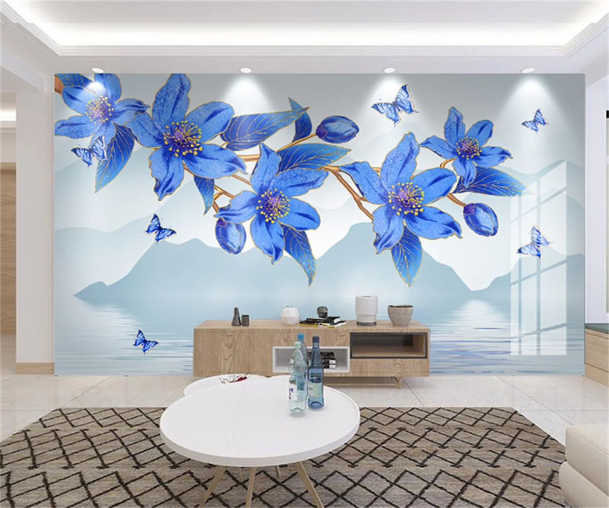 

3D-обои любых размеров с инструментами на заказ, Настенные обои, новые китайские синие чернила, живопись цветов и птиц, пейзаж, ТВ обои, обои