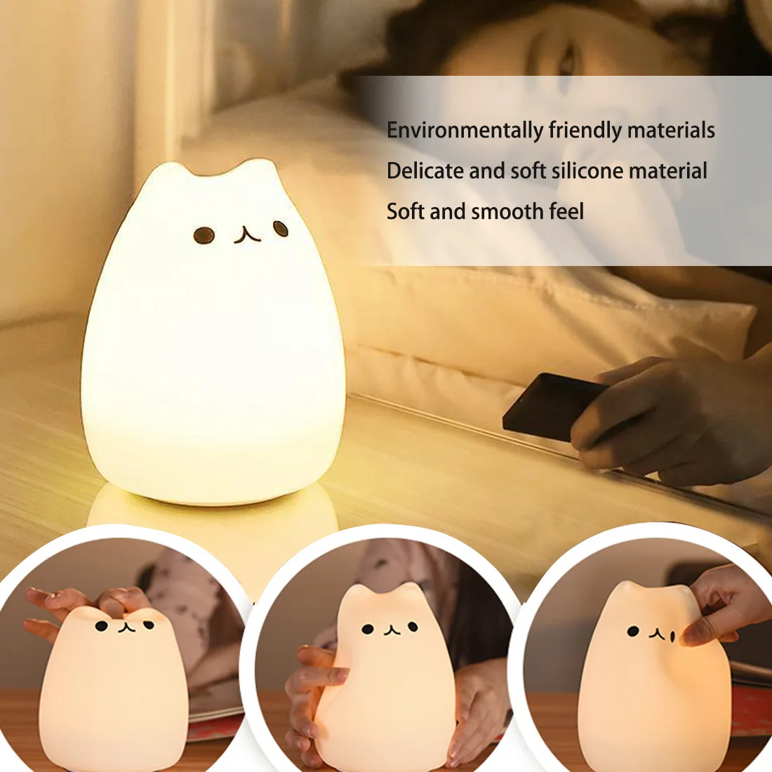 

Child Holiday Sleeping Gift Cat Silicone Animal Light Creative Bedroom Desktop Decor Lamp Touch Sensor LED Night Colorful Lamp