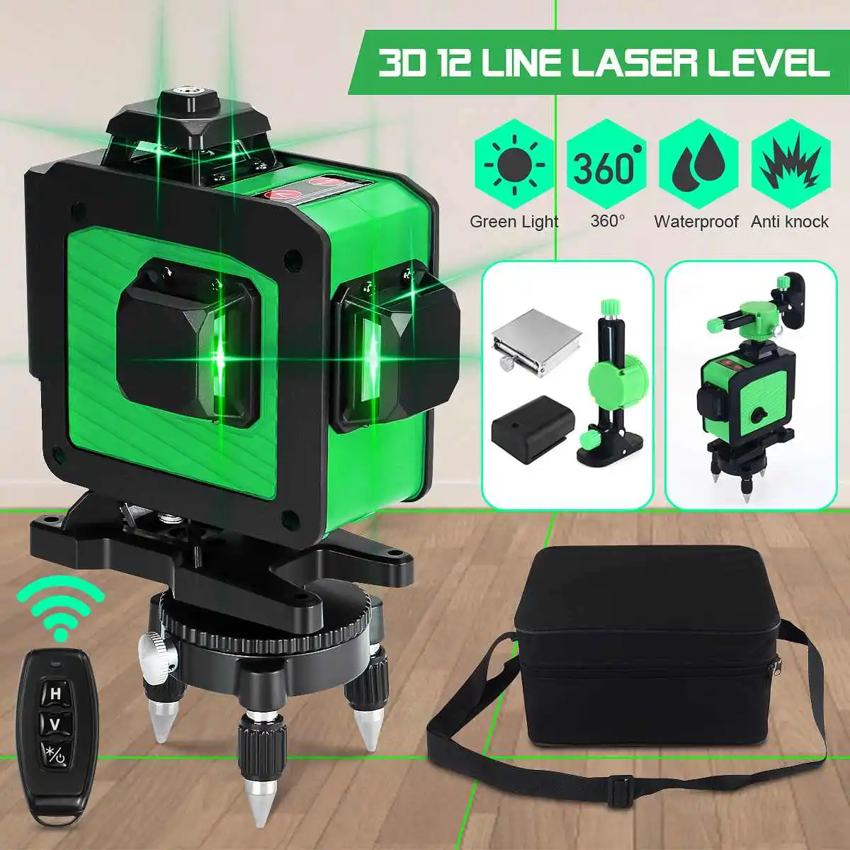 Вращающийся лазерный уровень 360 ° 12 линий 3D зеленый луч поперечный нивелир