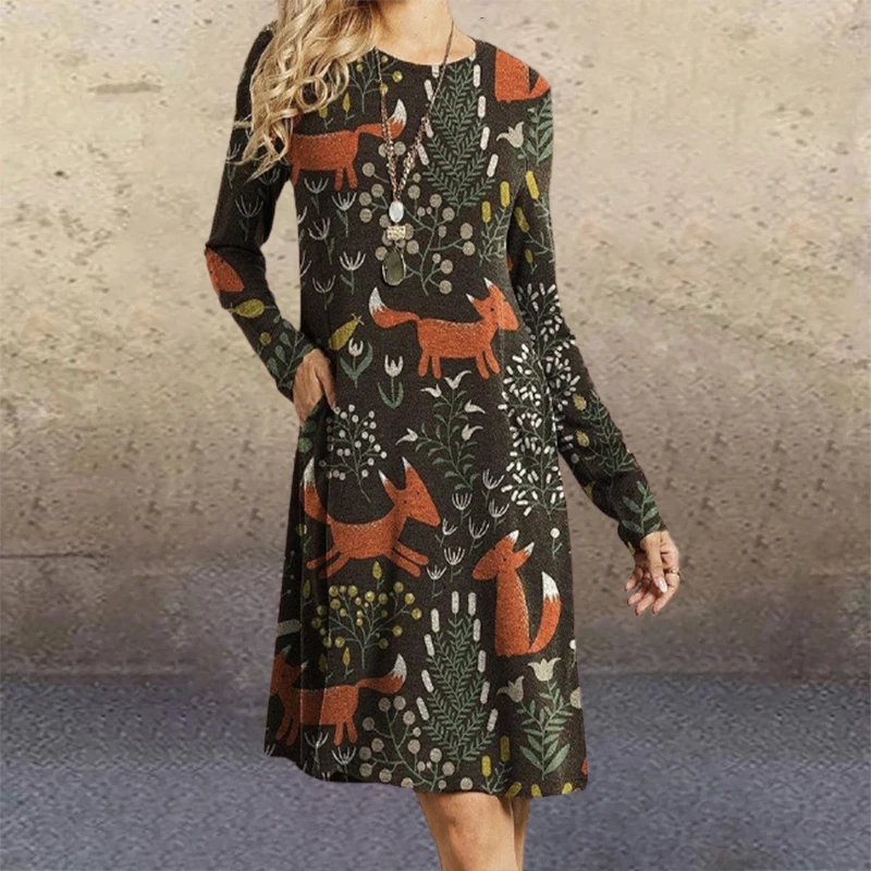 

2020 Autumn& winter Women's A-Line Casual Printed Dresses Long Sleeve Floral 3D Print Cat Casual Swing T-Shirt Dress