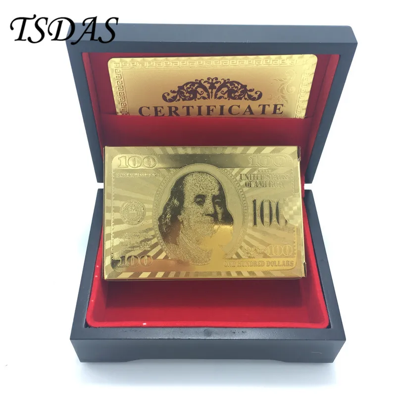 Wholesale Gold Plated 100 Dollar Custom Playing Cards 999.9 Foil With Wooden Box Souvenir | Дом и сад