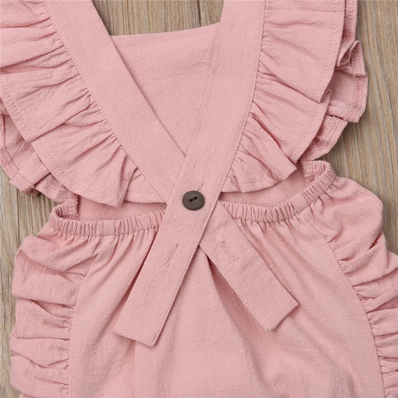 

2020 Brand New Newborn Toddler Kids Baby Girls Romper Ruffles Short Sleeve Solid Backless Belt Jumpsuits Cotton Solid Playsuit