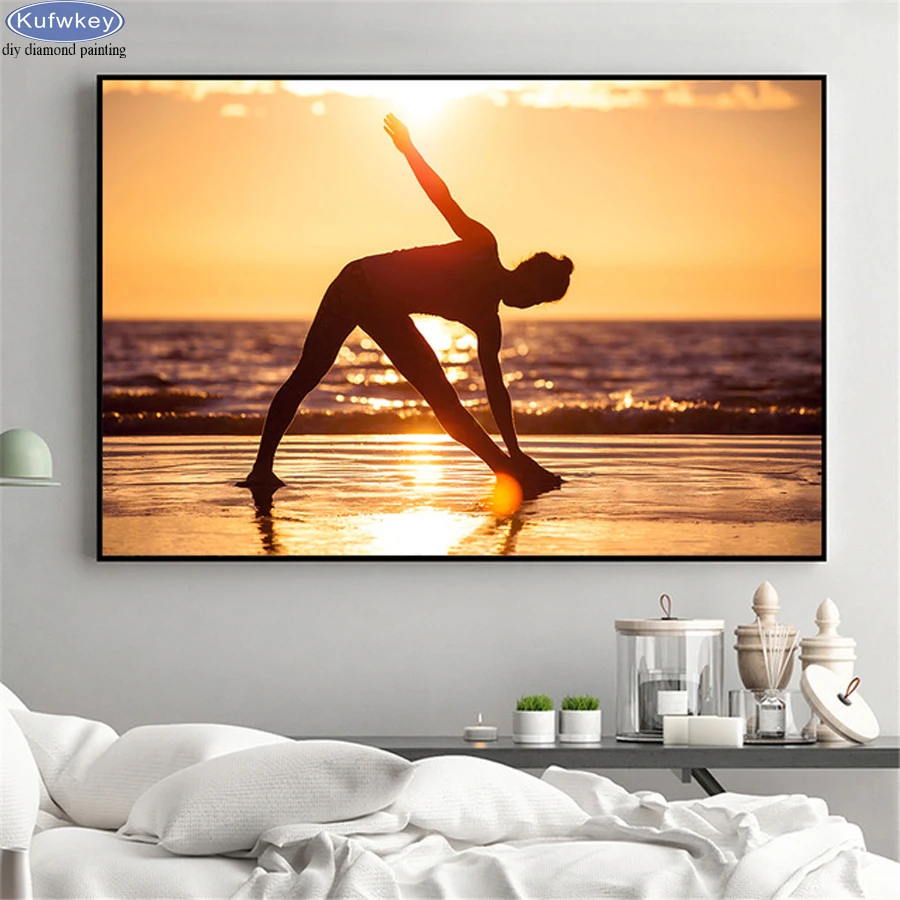 

Full Square Round Diamond Painting Sunset Sea Yoga Girl 5D DIY Diamond Embroidery Mosaic Picture Of Rhinestone home Decoration