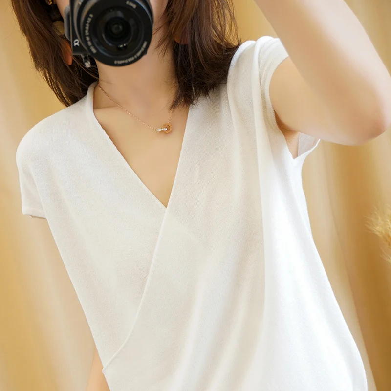 

T-shirts with short sleeves stylish v-neck casual female white pullover cotton women knitted tshirt