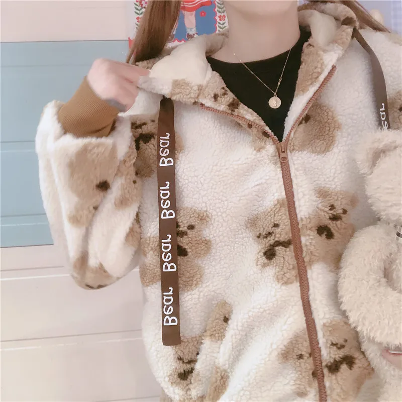 

Winter Lambswool Thicken Hooded Jacket Women Korean Small Fresh Cute Bear Doll Print Long Sleeve Coat Student Zipper Tops