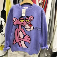 fall round neck pullover knitting women sweater loose casual cartoon long sleeve sweater leopard pink female lantern sleeve tops