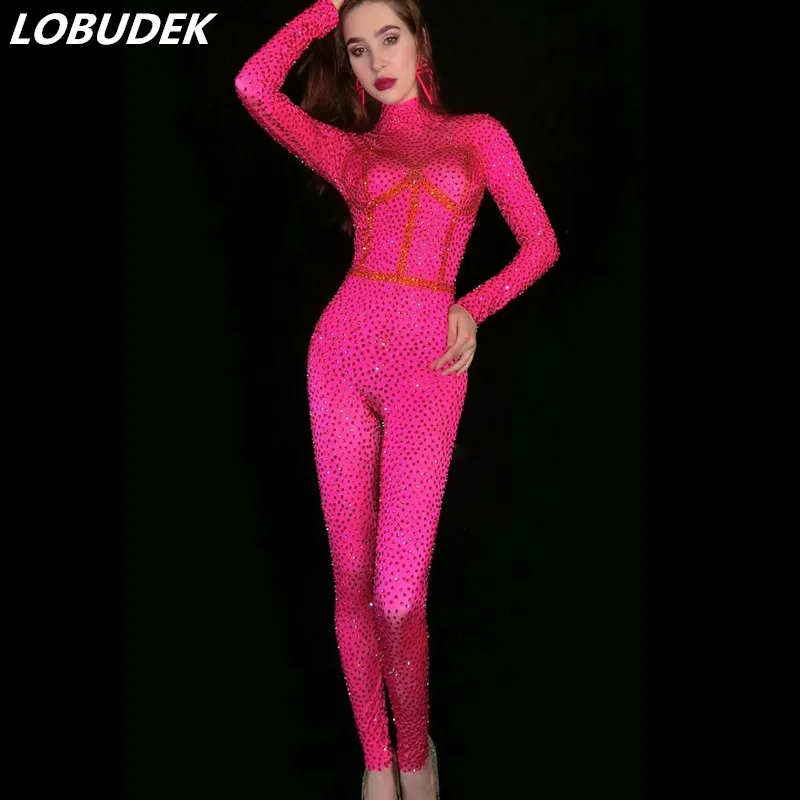 

Female Full Rhinestones Rose Skinny Jumpsuit Birthday Celebration Club Party Crystal Stretch Leotard Nightclub Dancer Costume