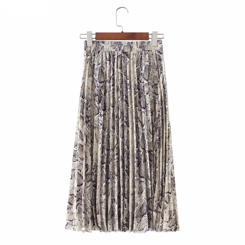 Women Stylish Snake Long Skirt Print Pleated Drawstring Faldas Mujer Moda Tie Elastic Waist Ladies Casual Mid Calf Skirts