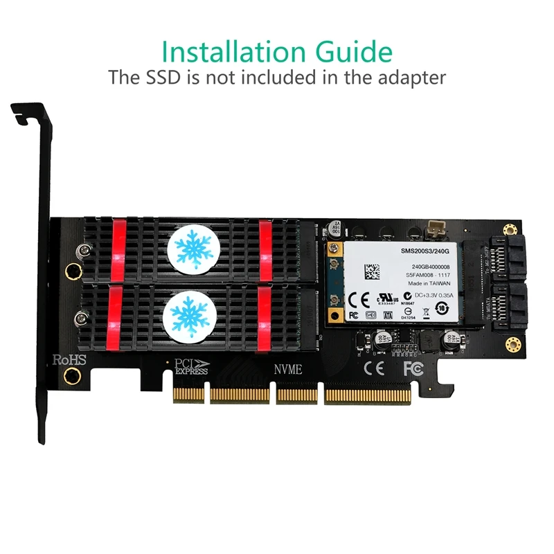 

3 in 1 Msata and M.2 NVME SATA SSD to PCI-E 4X and SATA3 Adapter with Heatsink for 2280/2260/2242/2230 SSD