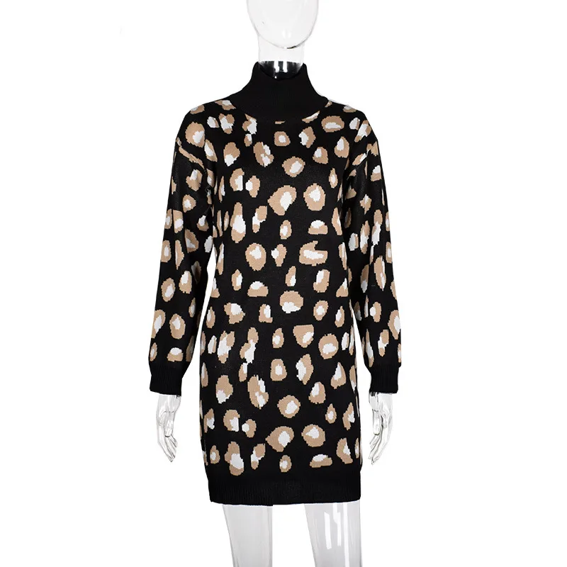 Женское трикотажное мини платье QUEVOON Повседневное свитер с леопардовым принтом