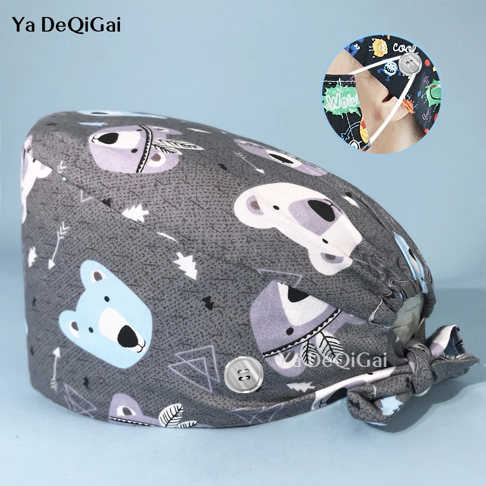 

Cartoon Print Pet Beauty Clinic Doctor Work Hats Hospital Medical Scrubs Caps with Sweat-absorbent Elastic Scrubs Caps Wholesale