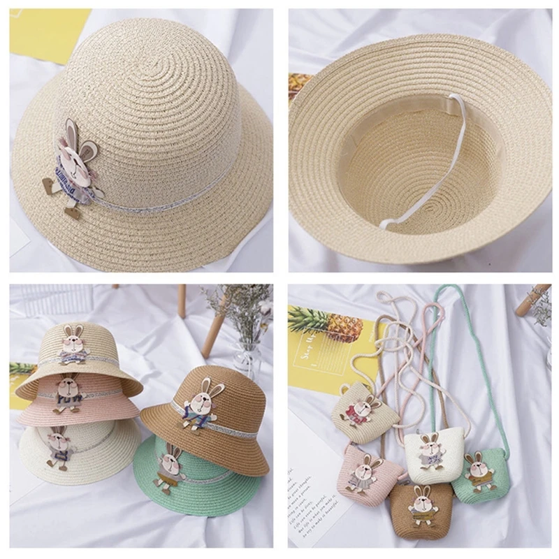 

2021 Baby Summer Straw Hat Girl Kids Holiday Beach Bucket Hats Children Bunny Cap Sun Hat Shoulder Handbag Bag Props Gift A5YC