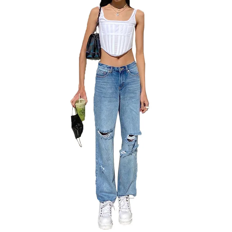 

SONDR 2021 spring new women's personality loose and thin trousers street shot holes made old wide-leg high-waist jeans