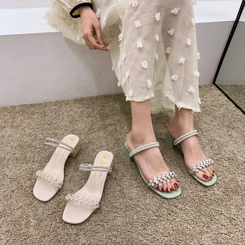 

DLEK Sandals for Women Summer Flower Square Heel Transparent Sandals with Pearls Female Shoes Elegant Shallow Ladies Shoe