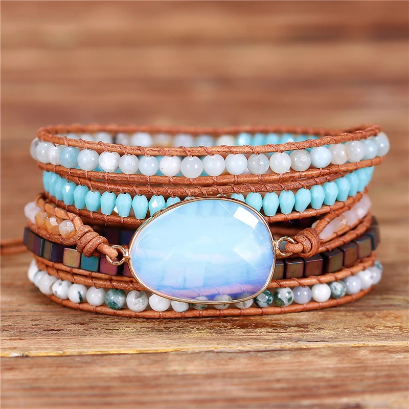 

YueTong Opal Natural Stone Beaded Leather Wrap Bracelet Gemstones Beads Bracelet Yoga 5 Wraps Bracelet Jewelry Dropshipping