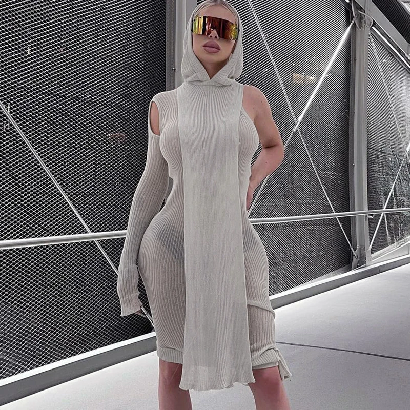 

Fall Spring Clubwear Tight Dress One Sleeve Knit Asymmetric Midi Dresses Skinny Ribbed Hooded Streetwear Clothes