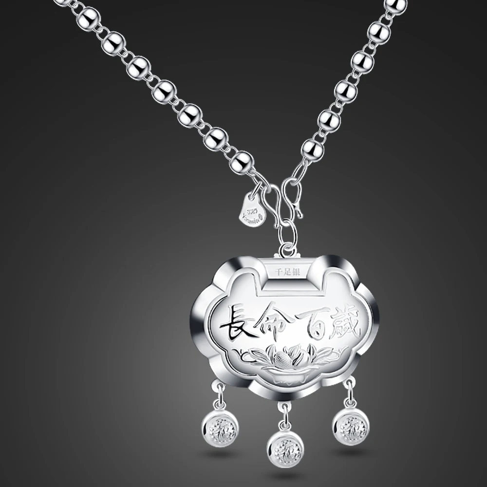 

Woman National Style Lock Pendant Choker 100% 925 Sterling Silver Necklace Long Bead Chain Sweater Accessories Jewelry Gift