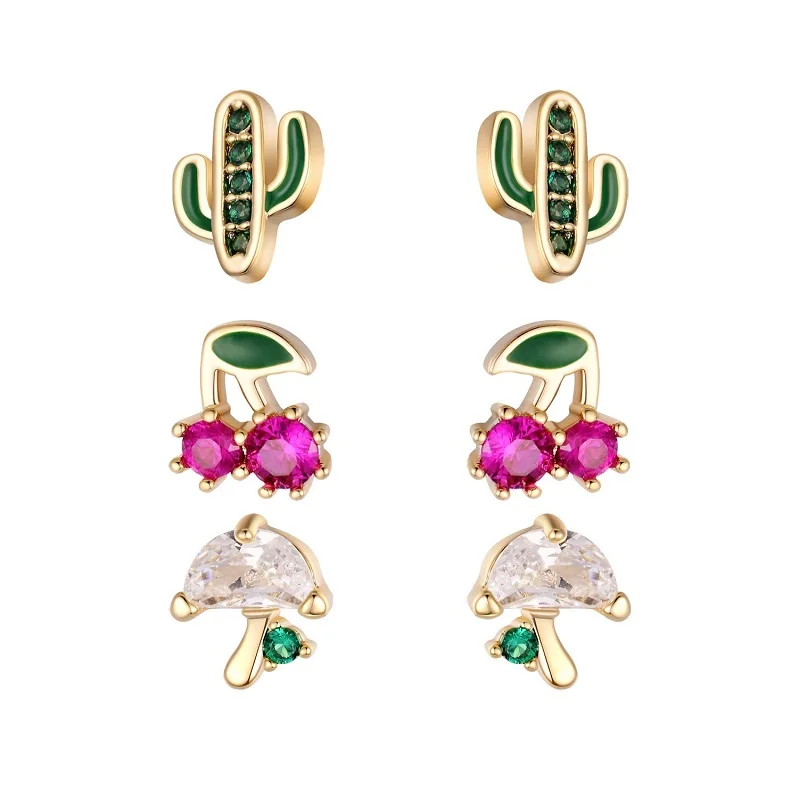 3 пар/компл. Кристалл Циркон кактус Вишневый гриб серьги гвоздики для женщин