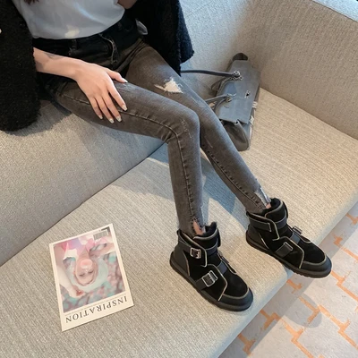 

Waterproof Plus Velvet Wool Woman Snow Boots Genuine Leather Buckle Strap Round Toe Short Ankle Boots 2021 Fashion Winter Boots