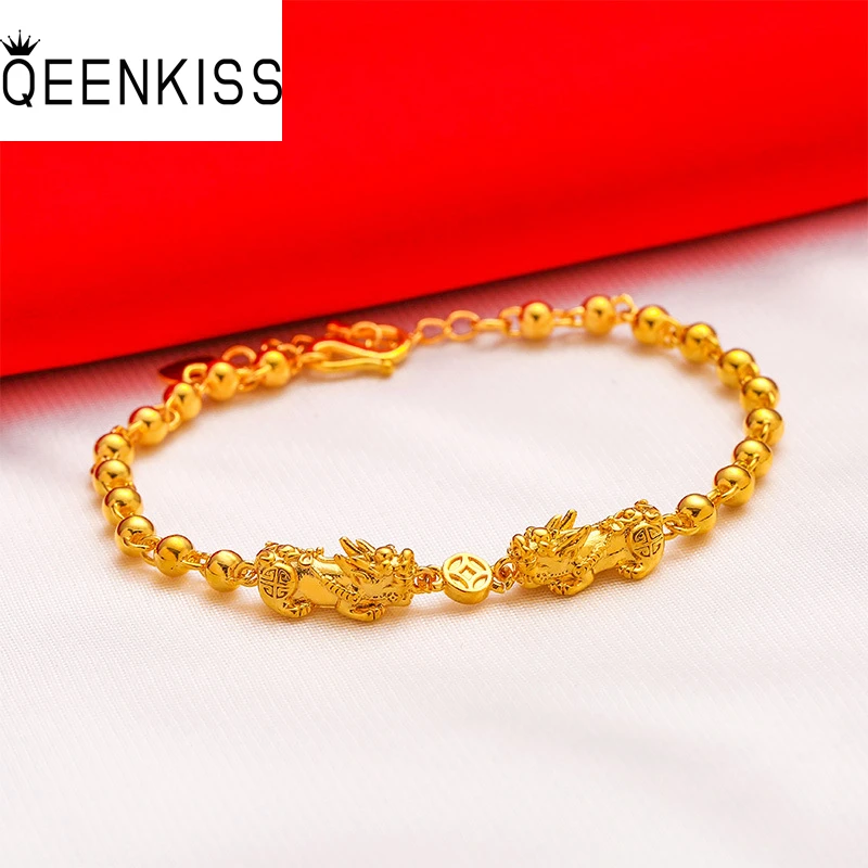 QEENKISS BT5161 Fine Jewelry Wholesale Fashion Woman Bride Mother Birthday Wedding Gift PIXIU Coin 24KT Gold Bead Chain Bracelet