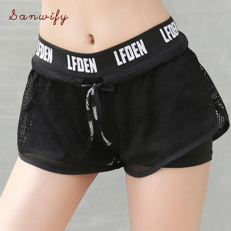 

Personality Printing Sports Shorts Letters Waist Quick Dry Fake Two Anti-light Fitness Running Women Yoga Shorts