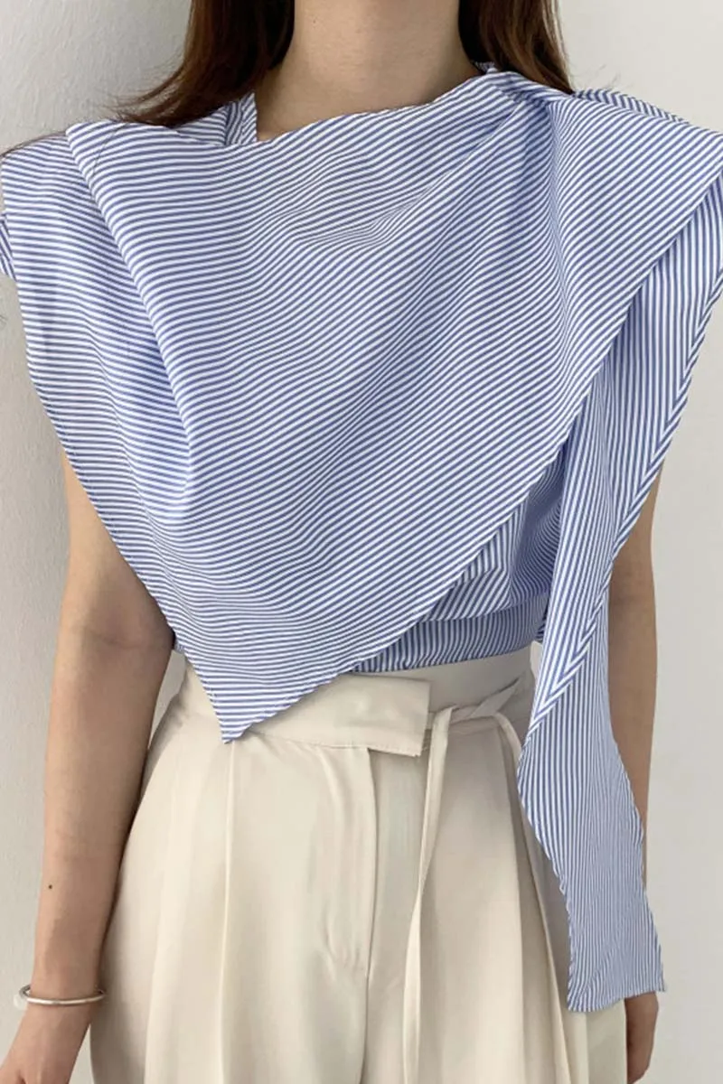 

South Korea chic summer niche pile collar shawl design sense stitching irregular loose striped flying sleeve shirt