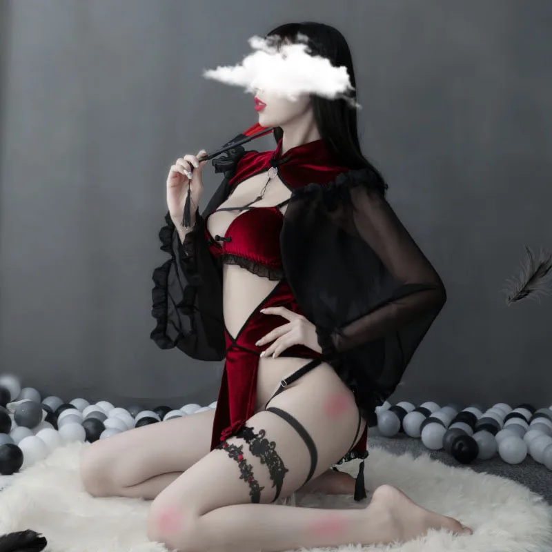 

Punk Gothic Black Red Lace Sexy Lingerie for Women Maid Temptation Cute Evil Demon Cosplay Backless Dress Halloween Costumes