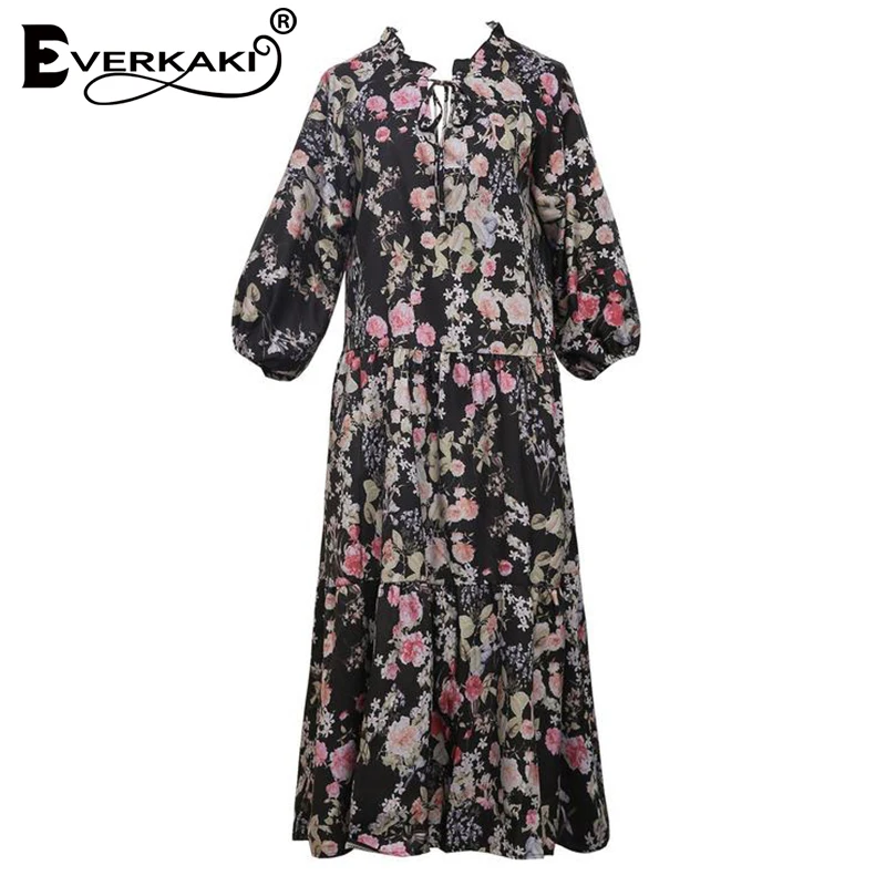 

Everkaki Boho Floral Print Maxi Dresses Women Vestidos Casual Ladies Summer Beach Plus Size Streetwear Long Dress Female 2021