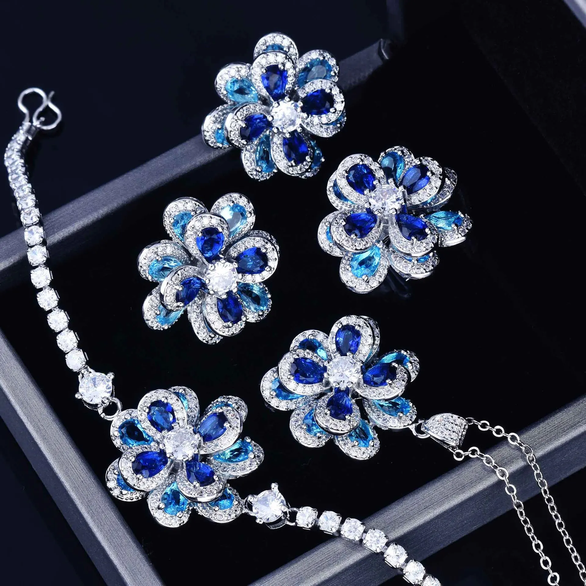  Top Quality Royal Blue Lab Sapphire Stone Jewelry  Silver Color Flower Shape Wedding Eengagement Bridal Jewelry Gift