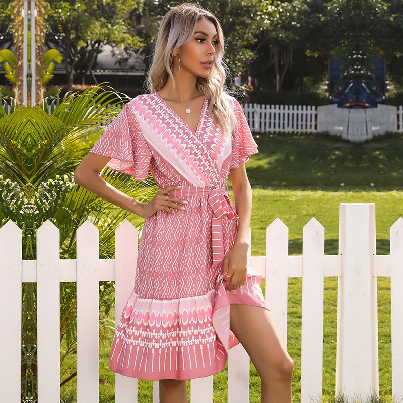 

Donsignet Fashion Women's Dress Summer Casual V-neck Floral Print Pleated Plus Size Short-sleeved Dress Sashes Dress for Women