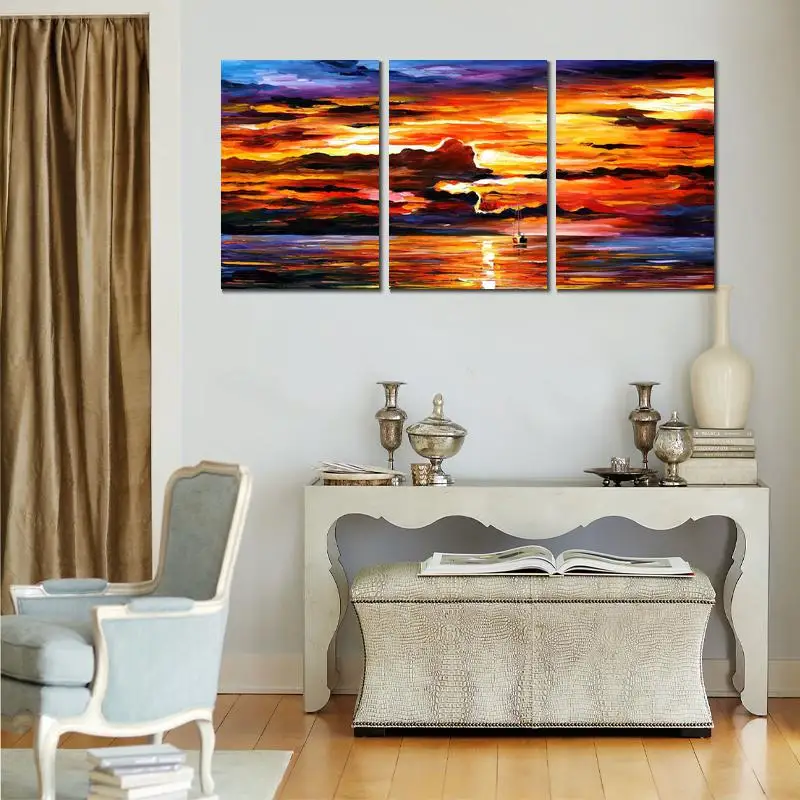 

Картина маслом ручной работы из трех частей, морской пейзаж С закатом для гостиной, современное изображение на льняном холсте, большой разм...