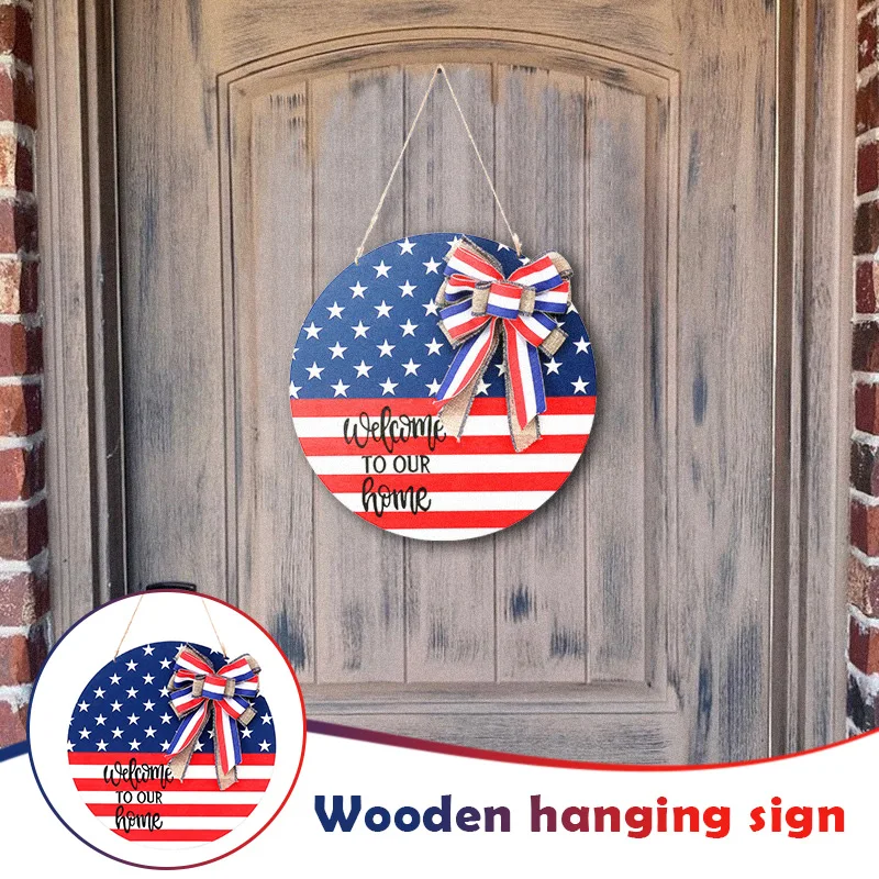 

Welcome Wooden Sign Round Door Sign Patriotic Independence Day Hanging Sign Front Door Home Decor D1