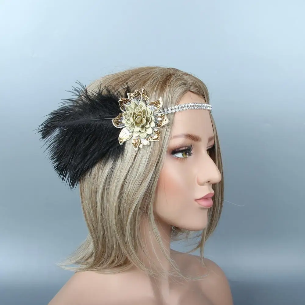M (5PC) 1920s украшение для волос флэппер Roaring 20s повязка на голову с перьями Roaring 20s Гетсби для волос аксессуары(красный - Цвет: M (5PC)