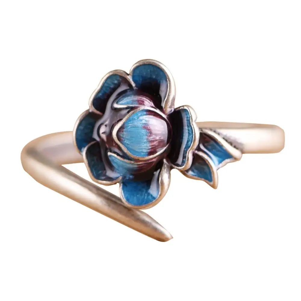 

925 Sterling Silver Chinese Style Retro Simple Blue Lotus Open Ring Women High Fashion Party Jewelry Accessories Engagement Gift