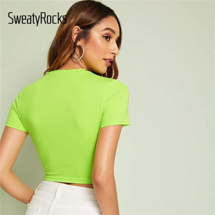 SweatyRocks, неоновый Лайм, надпись, укороченная футболка, женская уличная одежда, тройники, лето, тянущиеся тонкие футболки, повседневная женская сексуальные вершины