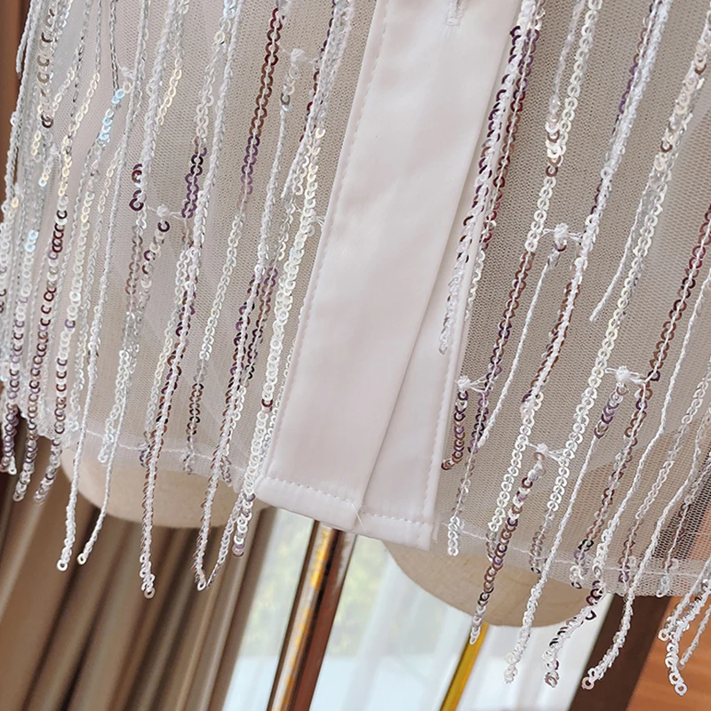 

Summer HIGH STREET Fashion 2021 Designer Blouse Women's Short Sleeve Sequined Tassel Gauze Blouse Shirt