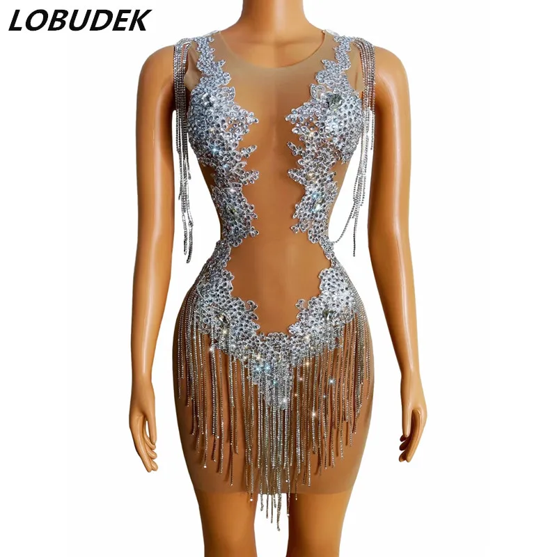 

Bar Club Women Singer Sexy Stage Wear Transparent Stretch Mesh Rhinestones Fringe Sleeveless Mini Bonycon Dress Party Costume
