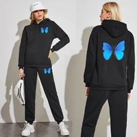 women 2pcs set sportwear autumn print butterfly unisex casual tracksuit sports sweatshirts hooded joggers sweatpants outfits