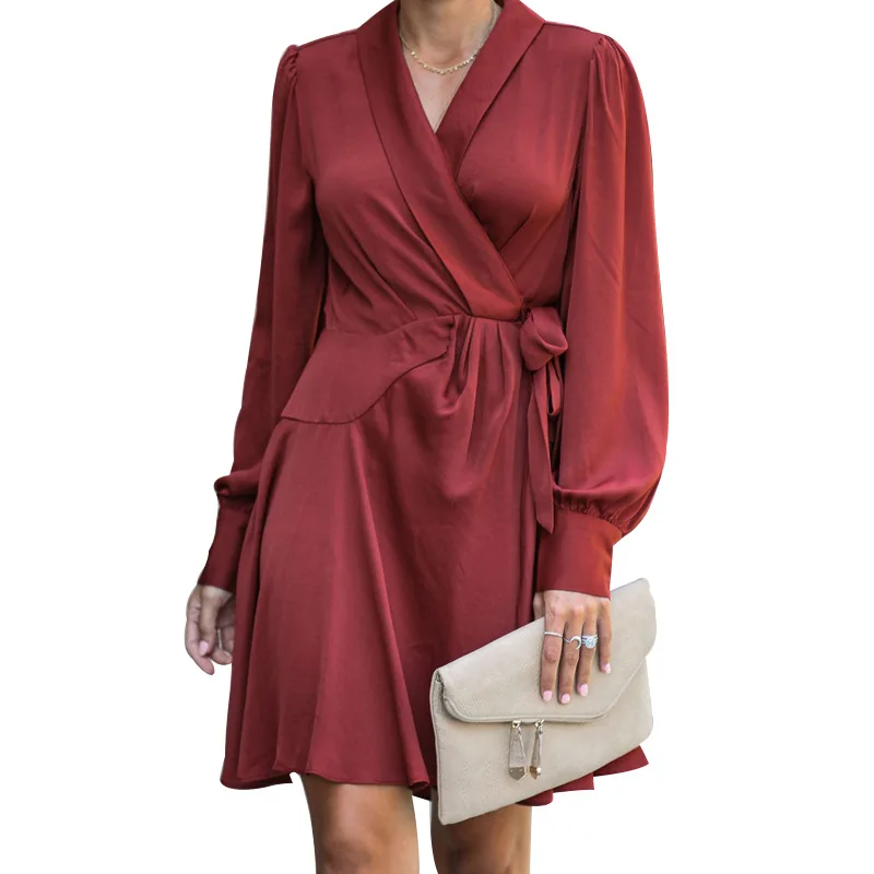 

2021 early autumn new loose slim dress V-neck tie irregular skirt wrap skirt