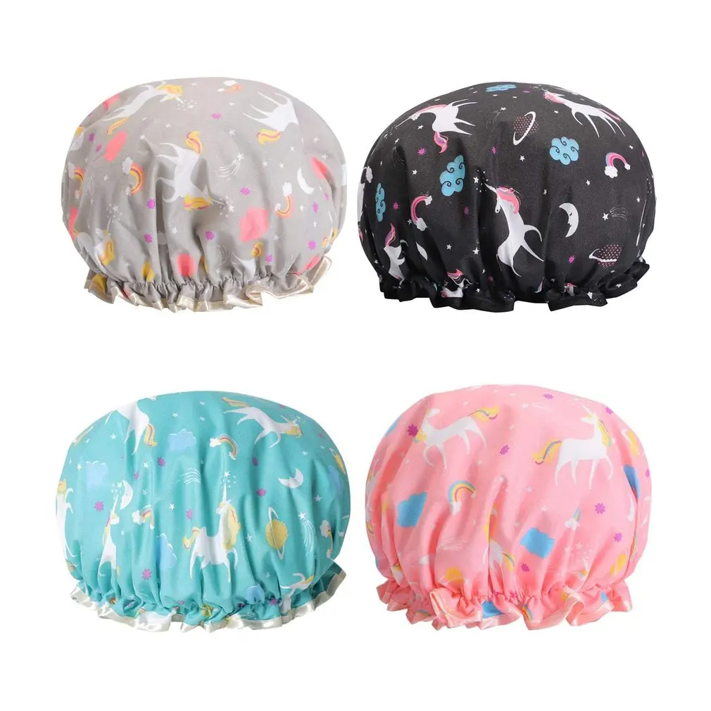 

Hot Newest 4pcs Double Layer Bath Shower Hair Cover Lovely Thick Women Shower Caps Colorful Adults Waterproof Bathroom Hats